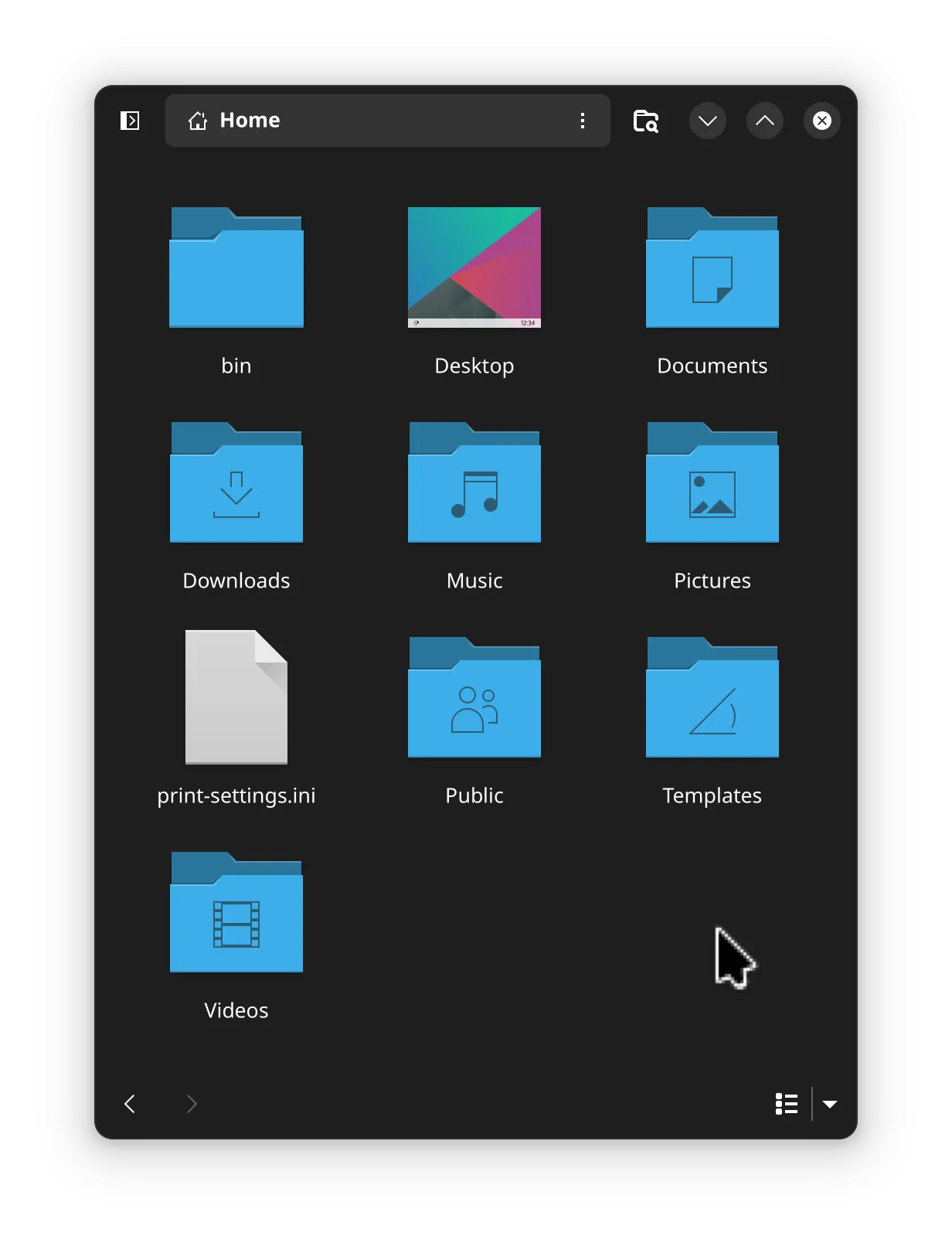Screenshot of Nautilus (a file manager) in dark mode on GNOME after using KDE: the cursor is large and poorly rendered, the icons and cursors now follow the Breeze theme (default for KDE Plasma).