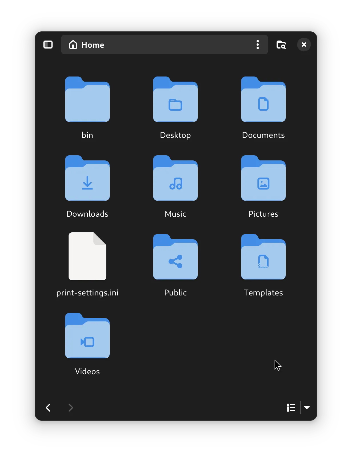 Screenshot of Nautilus (a file manager) in dark mode on GNOME before using KDE Plasma: the icons and cursor follow the default Adwaita theme.