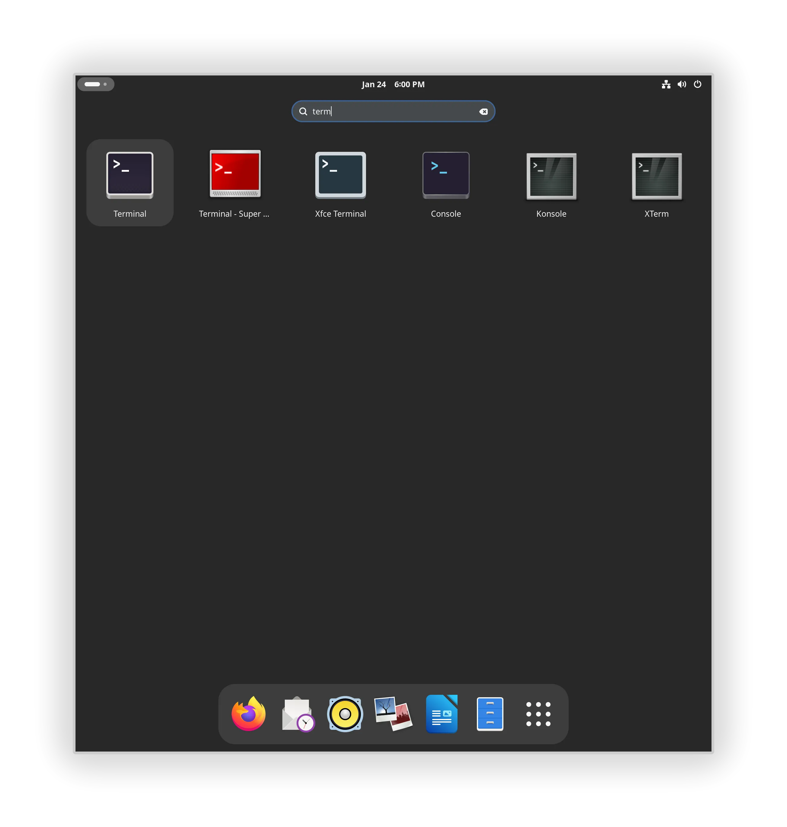 The GNOME menu showing six terminal applications.