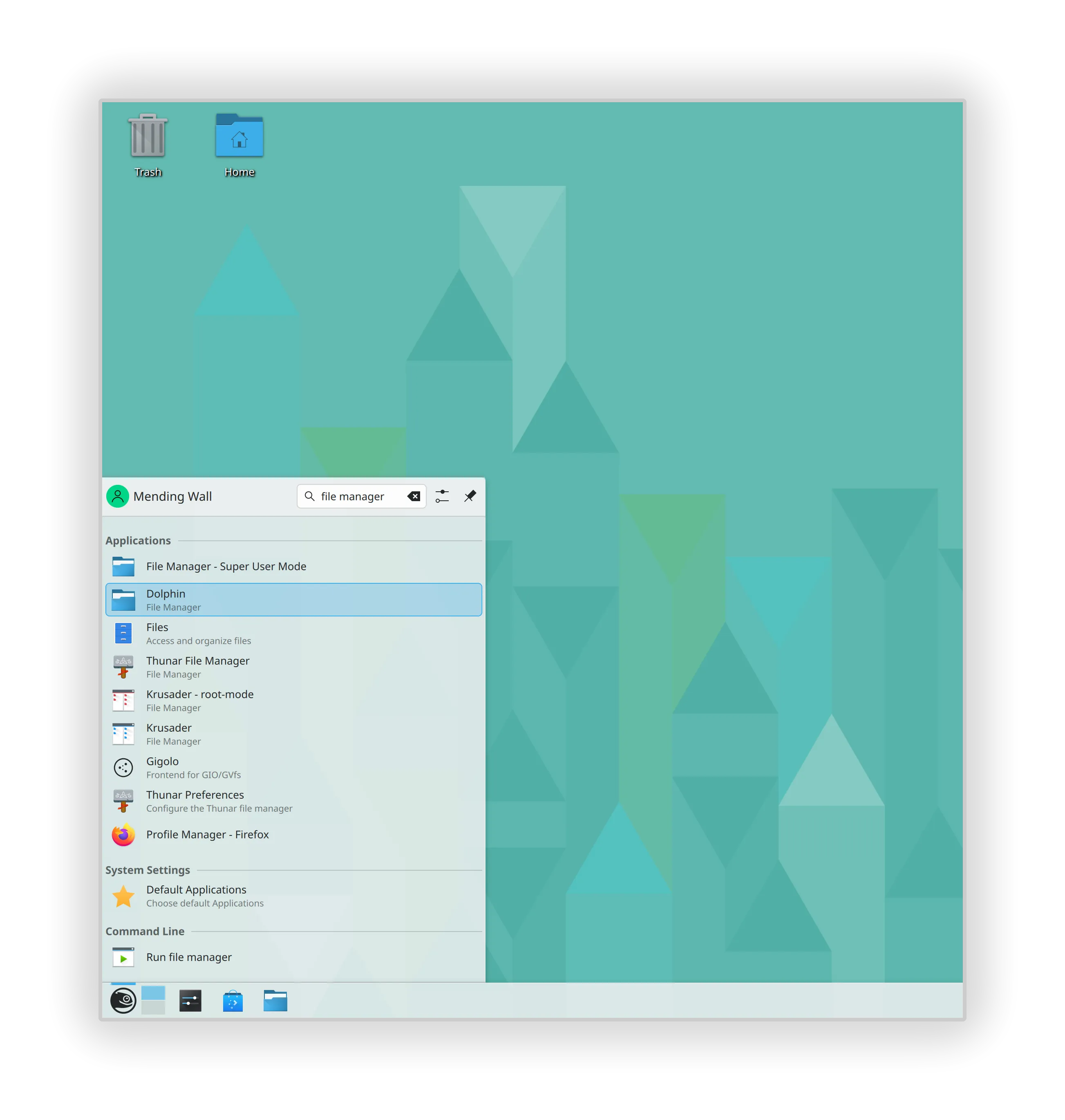 The KDE menu in light mode showing six file manager applications.